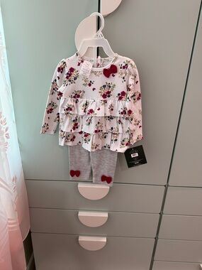 Laura Ashley White Floral Ruffle Pajama Set with Gray Leggings and Red Accents